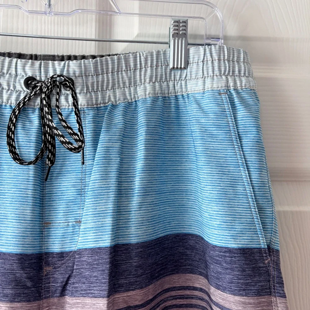 Hurley Mens Board Shorts Blue Grey Striped Swim Trunks Large Elastic Waist